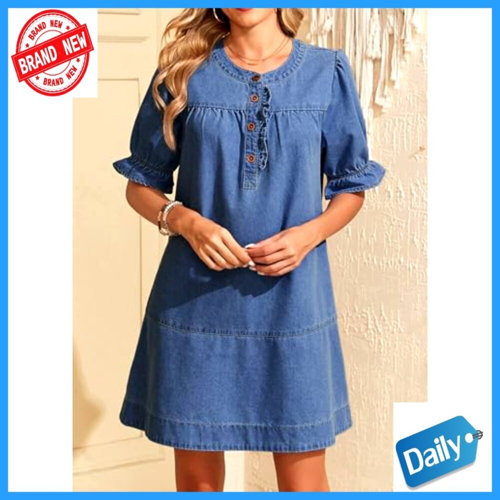Denim Babydoll Dress Casual Button Front Ruffle Sleeve Loose Fit Mini - Picture 3 of 7